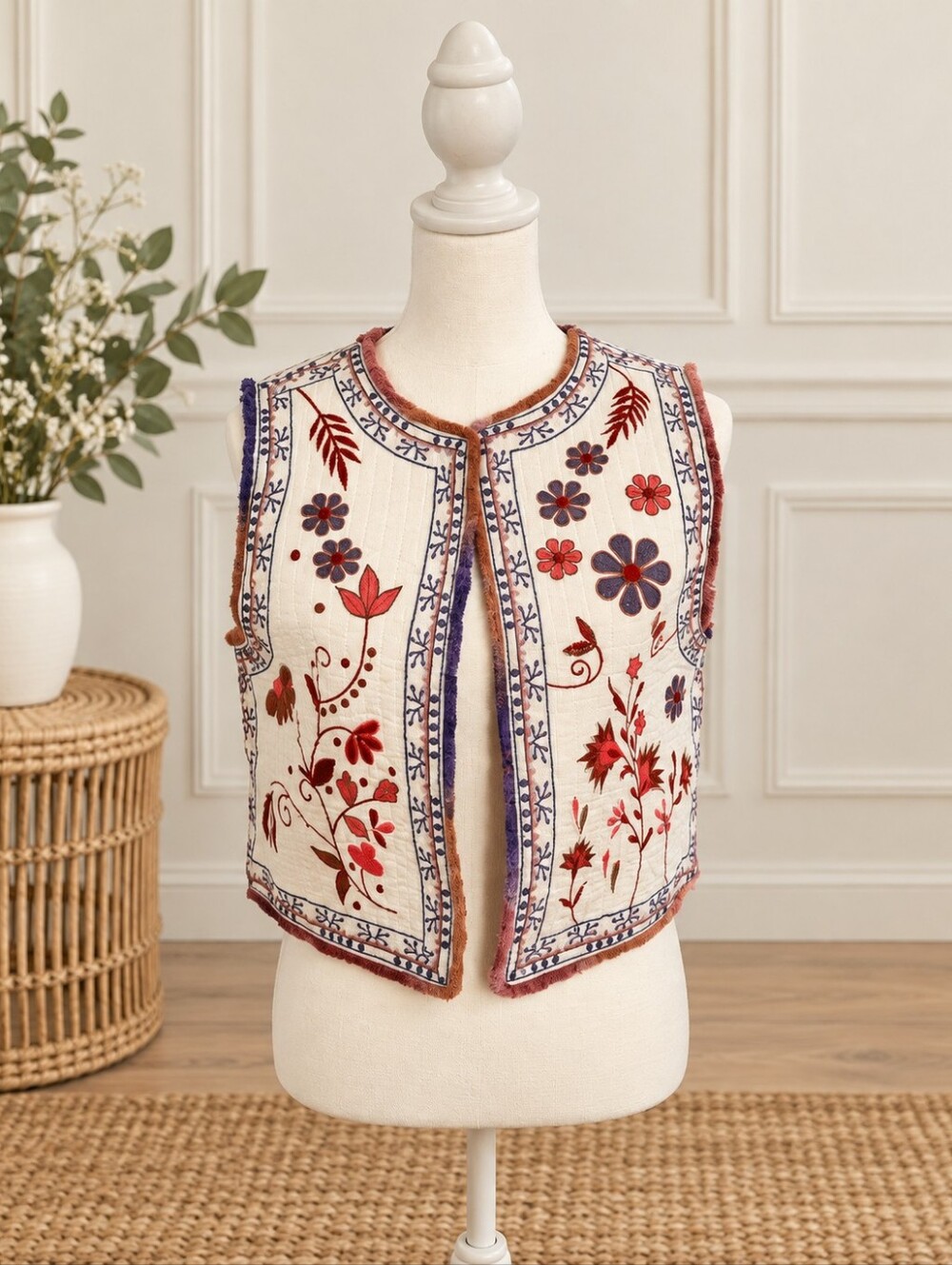 Zara Kids Floral Embroidered Vest Girls 13-14 Quilted Boho Fringe